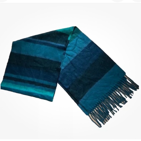 Cejon Soft Acrylic Fringed Scarf Blue Green Teal Stripes Made in Italy - Picture 1 of 5